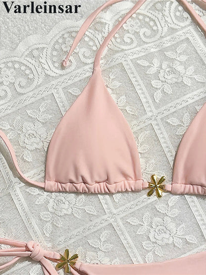 S - XL Metal Flower Halter Strappy Bikini Female Swimsuit Women Swimwear Two-pieces Bikini set Bather Bathing Suit Swim V6504 SS69