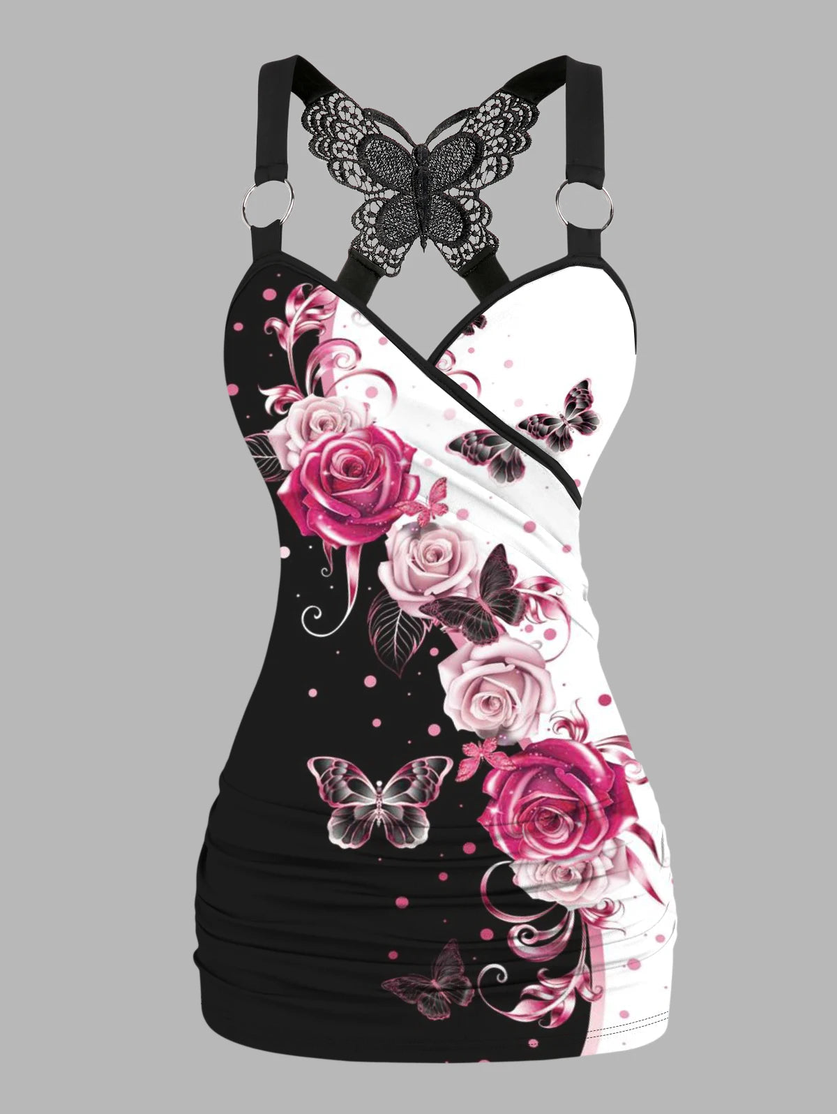 Dressfo 2025 Women's Tank Tops Rose Print Ruched Butterfly Lace Cross Tank Top O Ring Surplice Summer Top SS69 19.69 Black1 / L