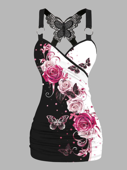Dressfo 2025 Women's Tank Tops Rose Print Ruched Butterfly Lace Cross Tank Top O Ring Surplice Summer Top SS69 19.69 Black1 / L