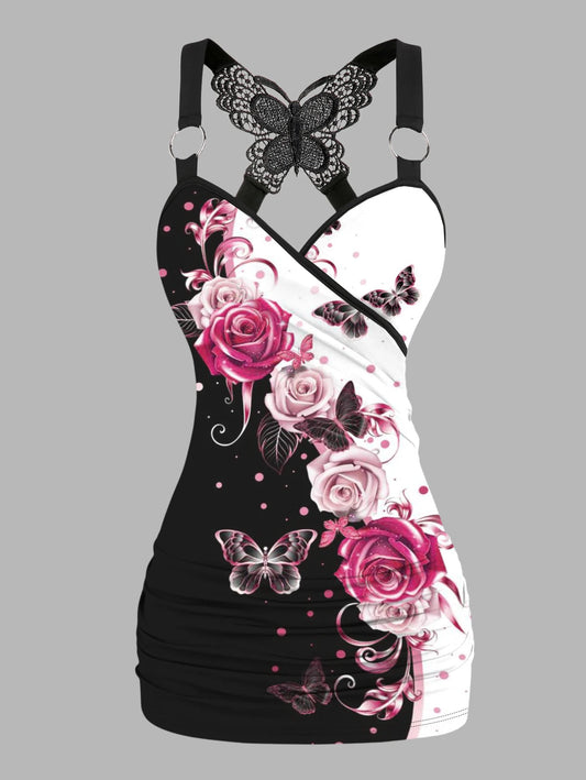 Dressfo 2025 Women's Tank Tops Rose Print Ruched Butterfly Lace Cross Tank Top O Ring Surplice Summer Top SS69 19.69 Black1 / L