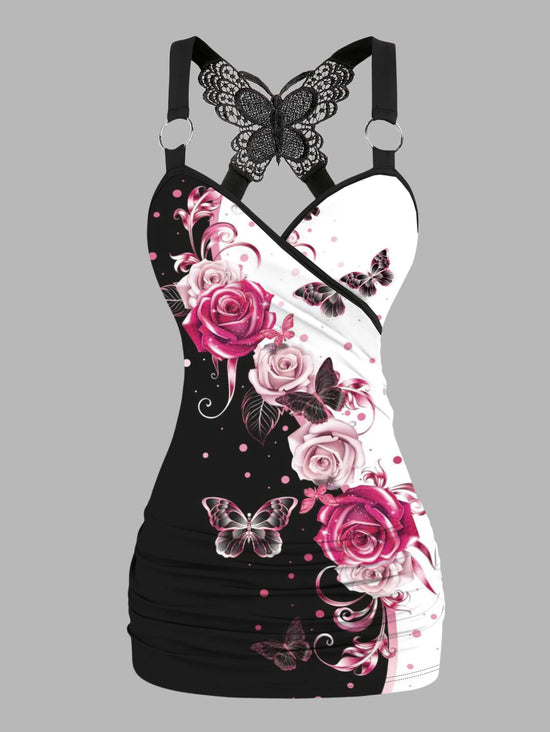 Dressfo 2025 Women's Tank Tops Rose Print Ruched Butterfly Lace Cross Tank Top O Ring Surplice Summer Top SS69 19.69 Black1 / L