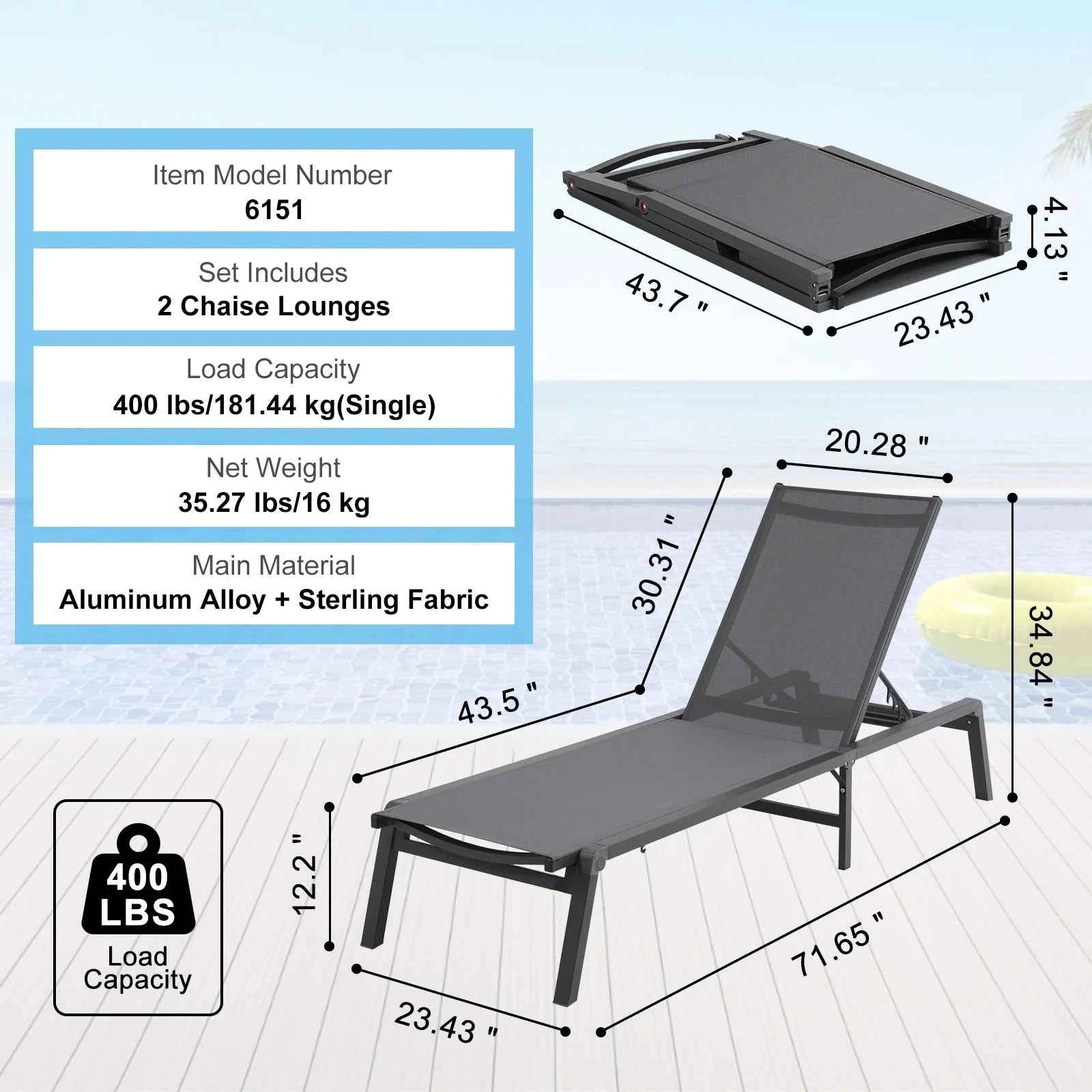 SucceBuy Chaise Lounge Chair Outdoor Aluminum Patio LoungeFolding Pool Lounge Recliner Full Flat for Patio Beach Pool Dark Grey