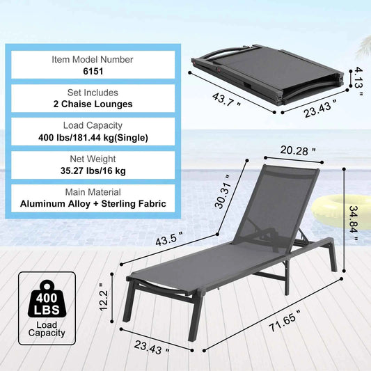 SucceBuy Chaise Lounge Chair Outdoor Aluminum Patio LoungeFolding Pool Lounge Recliner Full Flat for Patio Beach Pool Dark Grey