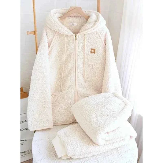 Thick Fluffy New Couple's Pajama Hooded Zipper Sleeping Sleepwear Winter Underwear Set Nightie Warm  Pyjamas Women Loungewear