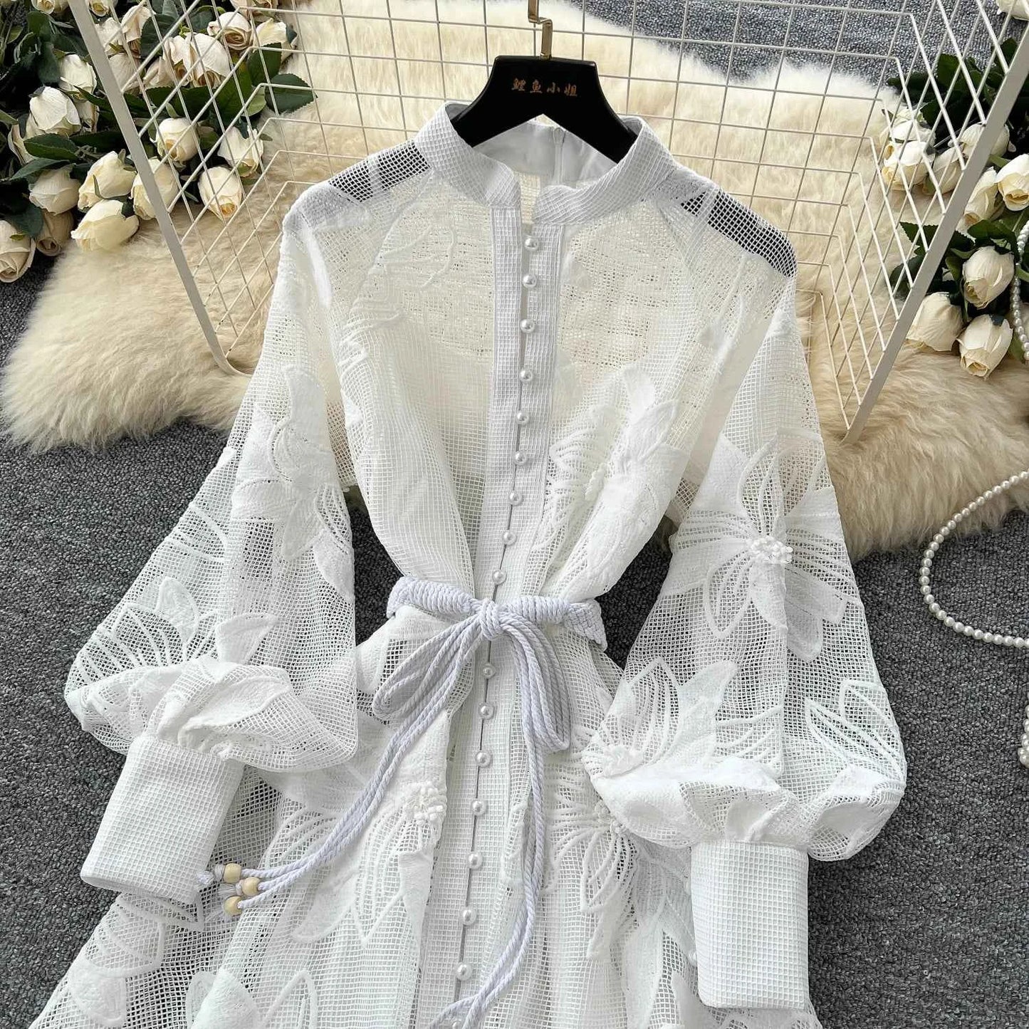 SINGREINY Women Elegant Floral Emboridery Dress Hollow Out Long Sleeve Single Breasted Belt French Court Chic Short A Line Dress