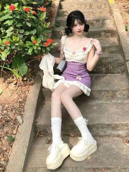 Summer French Sweet Dress Women Elegant Vintage Decal Design Slim Mini Dresses Vacation Bohemia Beach Style Mini Dress Chic New SS69