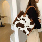 Winter Faux Fur ,Leopard Print Designer Shopper Totes, Fashion Soft Plush Women Shoulder Bags, Large Capacity Handbags and Purse