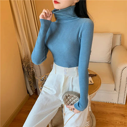 2025 Autumn Winter Women Long Sleeve Knitted Foldover Turtleneck Ribbed Pull Sweater Soft Warm Femme Jumper Pullover Clothes SS69