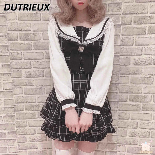 Japanese Style Women's Outfits Sailor Collar Plaid Rhinestone Bow Dress Shorts Set Sweet Lolita Mine Series Dress Two-Piece Suit
