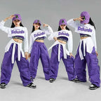 Children Street Dance Outfits Kids Streetwear Group Jazz Clothes Sets Hip Hop Girls Fashion K-pop Crop Top Purple Cargo Pants