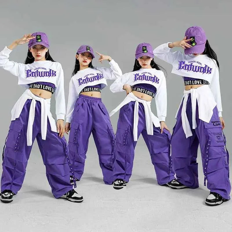 Children Street Dance Outfits Kids Streetwear Group Jazz Clothes Sets Hip Hop Girls Fashion K-pop Crop Top Purple Cargo Pants