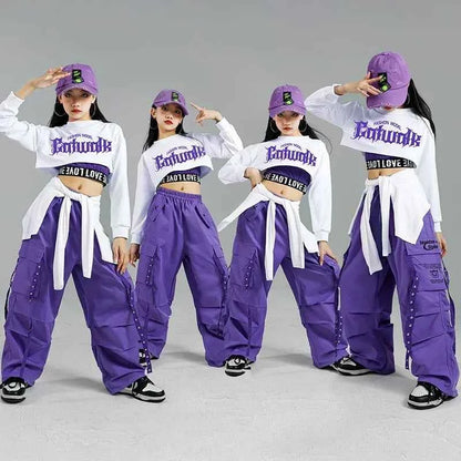 Children Street Dance Outfits Kids Streetwear Group Jazz Clothes Sets Hip Hop Girls Fashion K-pop Crop Top Purple Cargo Pants