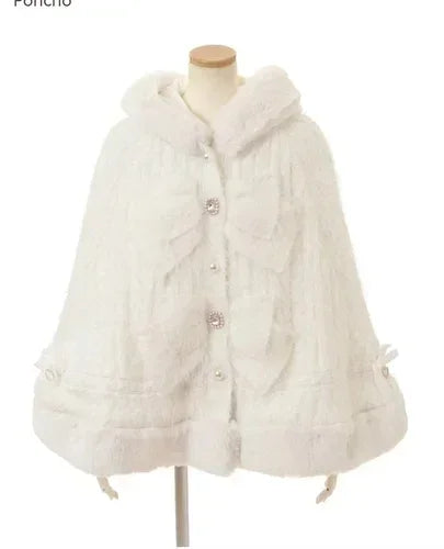 Godivana Women's Double-Layer Hooded Knitted Poncho with Big Ribbon - Thick Warm Jacket