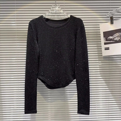 Fat people oversized wear 300 catties fashion rhinestone diamond bright silk curved edge women's long-sleeved T-shirt SS69 24.69 black / 4XL