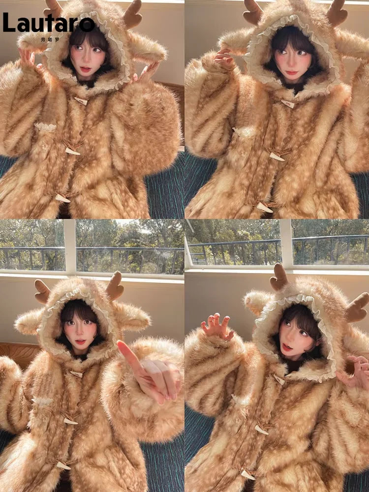 Lautaro Autumn Winter Thick Warm Sweet Cute Lace Patchwork Faux Fur Coat Hoodie Women with Deer Ears Horn Buttons Fluffy Jacket