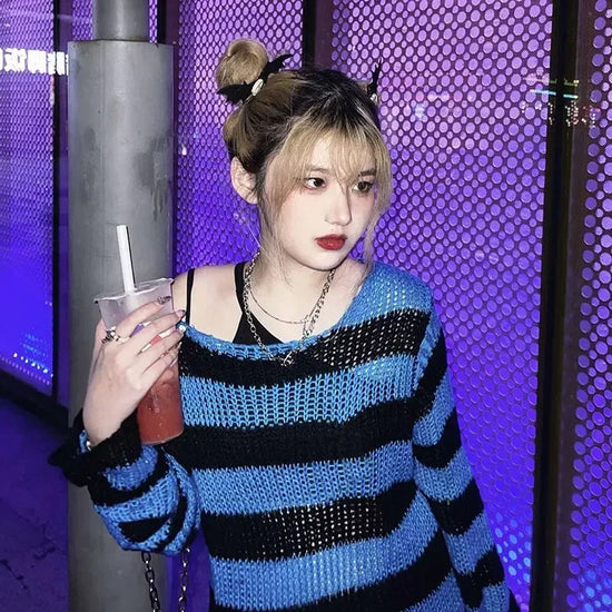 2024 Purple Striped Gothic Sweaters Women Ripped Holes Loose Knitted Pullover Frayed Fairy Grunge Jumpers Emo Streetwear Lolita SS69 12.69 Blue / One Size