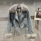 Winter Women Denim Coat Jacket Fox Collar Short  Warm High Street Outerwear Thicken Coat High Quality Luxury Design Party Wear