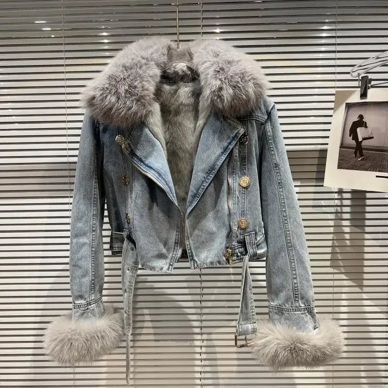 Winter Women Denim Coat Jacket Fox Collar Short  Warm High Street Outerwear Thicken Coat High Quality Luxury Design Party Wear