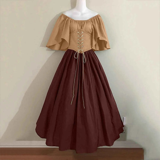 Halloween Costumes for Women Medieval Retro Contrasting Color Slim Swing Dress One-word Shoulder Dress Love Live Cosplay