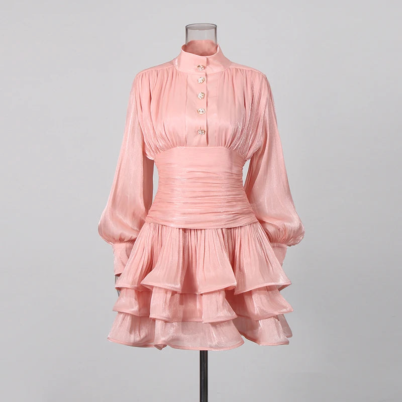 TWOTWINSTYLE Solid Spliced Ruffles Dress Female Stand Collar Long Sleeve Loose French Elegant Women's Dresses Autumn Fashion New
