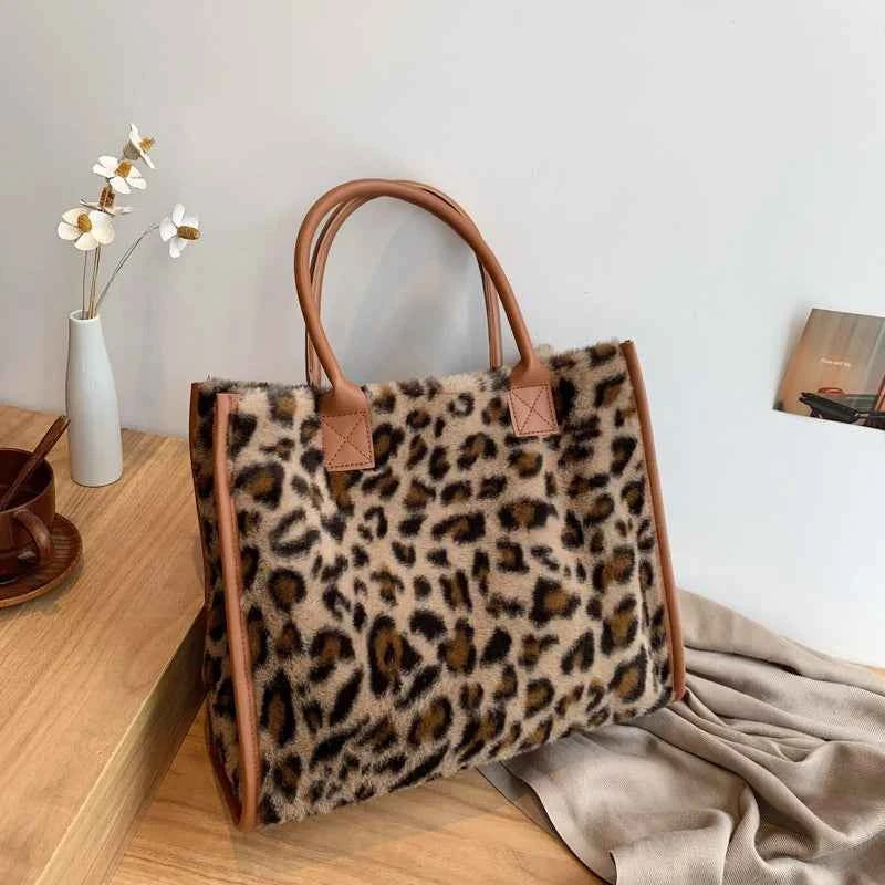 Winter Faux Fur ,Leopard Print Designer Shopper Totes, Fashion Soft Plush Women Shoulder Bags, Large Capacity Handbags and Purse
