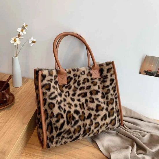 Winter Faux Fur ,Leopard Print Designer Shopper Totes, Fashion Soft Plush Women Shoulder Bags, Large Capacity Handbags and Purse