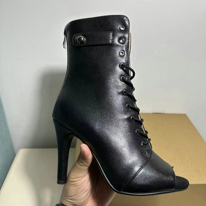 Women's Black Peep-Toe High Heel Stilettos Size 46 New Fashion Brand Party Boots for Ballroom Latin Jazz Dance Sexy Party Shoes SS69