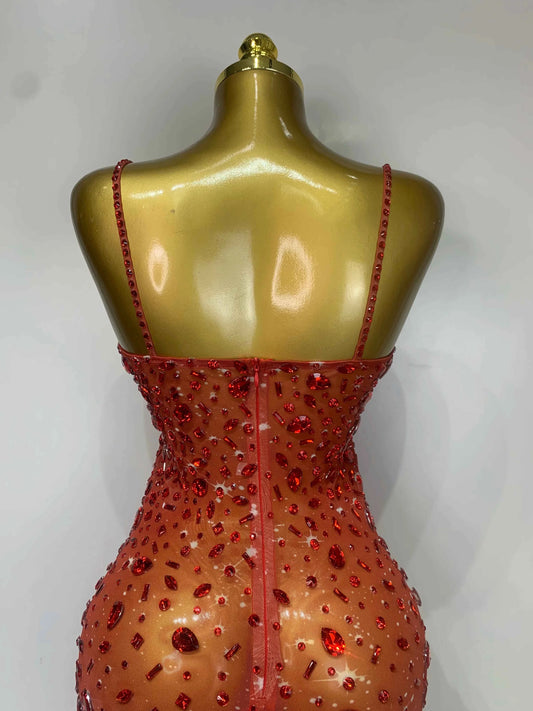 Luxury Rhinestones Sexy Mesh See Through Bodycon Dress Women Birthday Evening Cocktail party Gown Red Carpet Club Stage Outfit