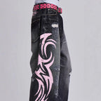 Denim Pant Women Jeans Wide Leg Long Pants Hole High Waist Straight Trousers Y2k Streetwear Print Mom Jeans Casual Loose 2025