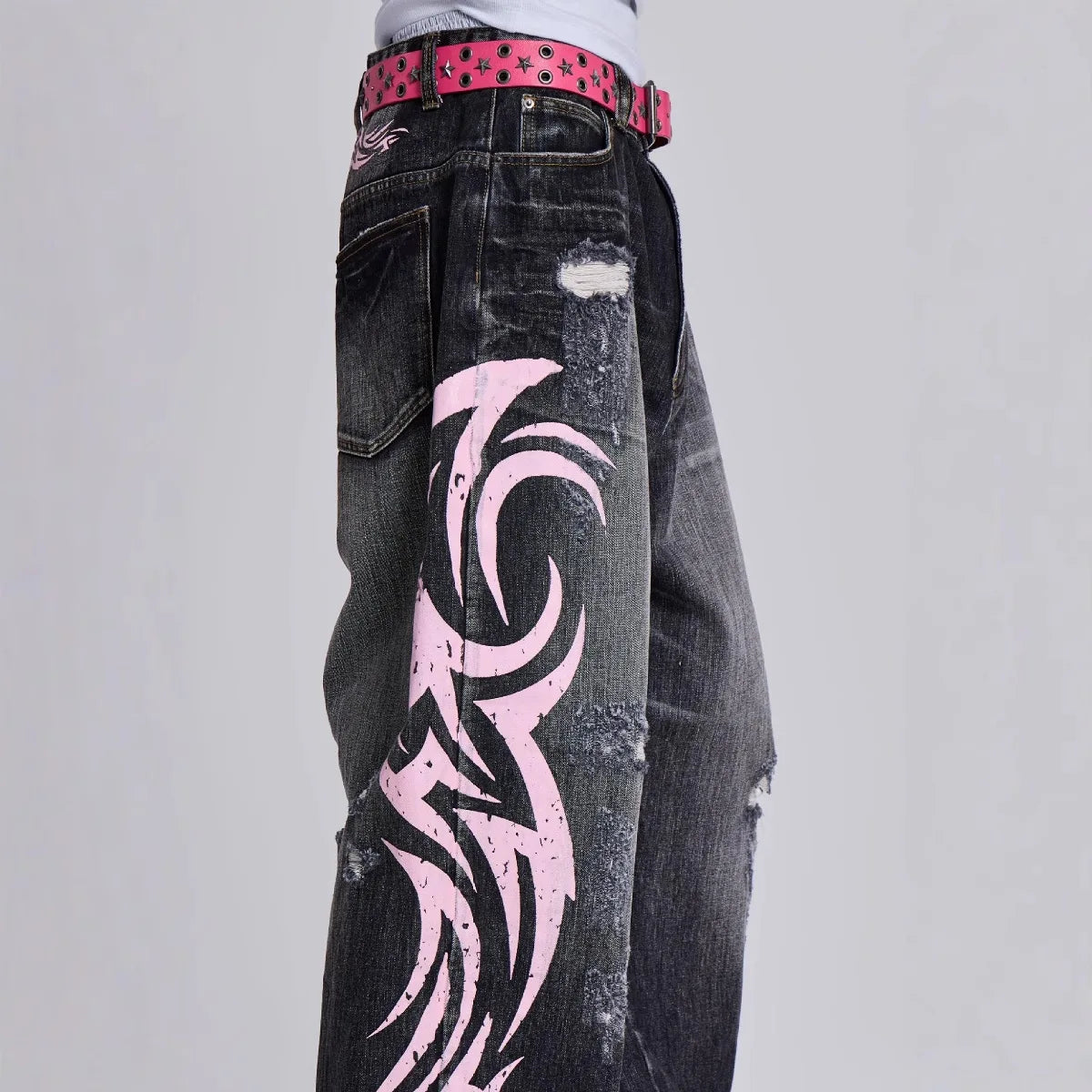 Denim Pant Women Jeans Wide Leg Long Pants Hole High Waist Straight Trousers Y2k Streetwear Print Mom Jeans Casual Loose 2025