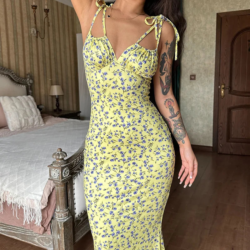 Hugcitar Women Floral Spaghetti Strap Bodycon Maxi Dress
