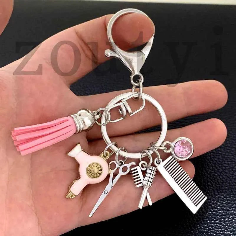 New fashion hairstyle gift charm tassel keychain retro jewelry mini hairdressing scissors hair dryer comb keychain DIY manual