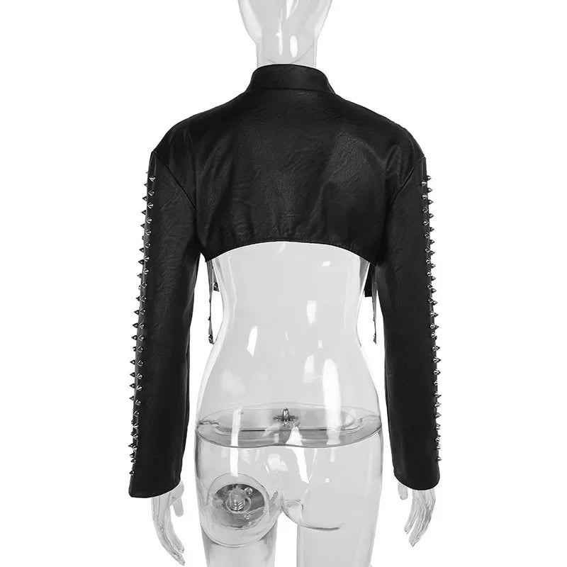 Punk Faux Leather Cropped Jacket with Rivets - Women's Streetwear