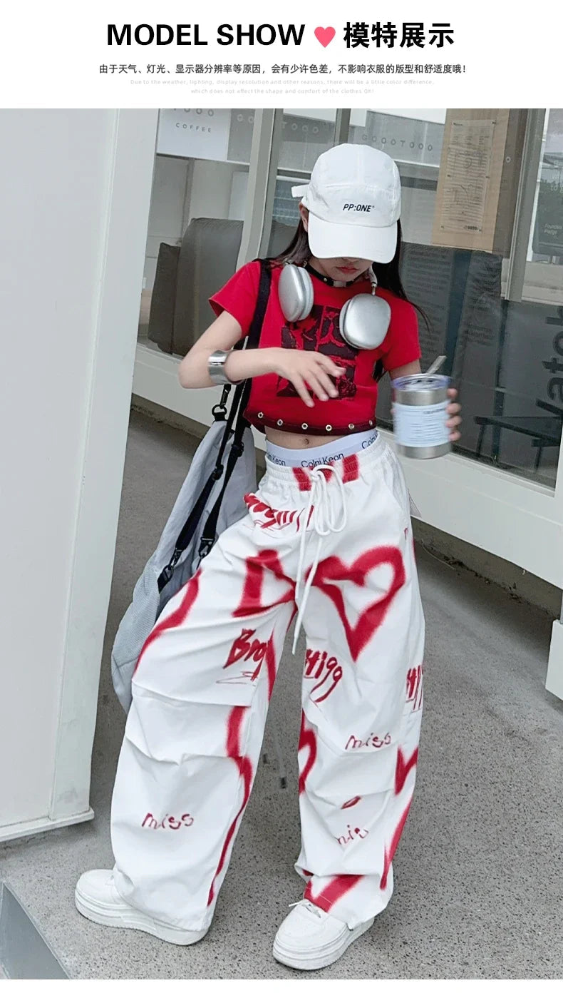 summer junior Girls Love Graffiti Casual Pants teenager girl Casual Hip Hop cargo pants kids Dance pants children clothes SS69