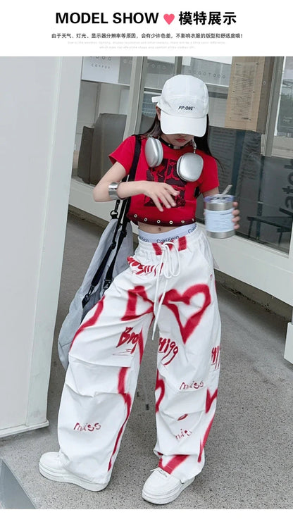 summer junior Girls Love Graffiti Casual Pants teenager girl Casual Hip Hop cargo pants kids Dance pants children clothes SS69