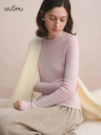 DUSHU Seamless Half-high Collar Pure Wool Pullovers Women Plus Size Autumn Winter Bottoming Sweater Solid Soft Breathable Tops