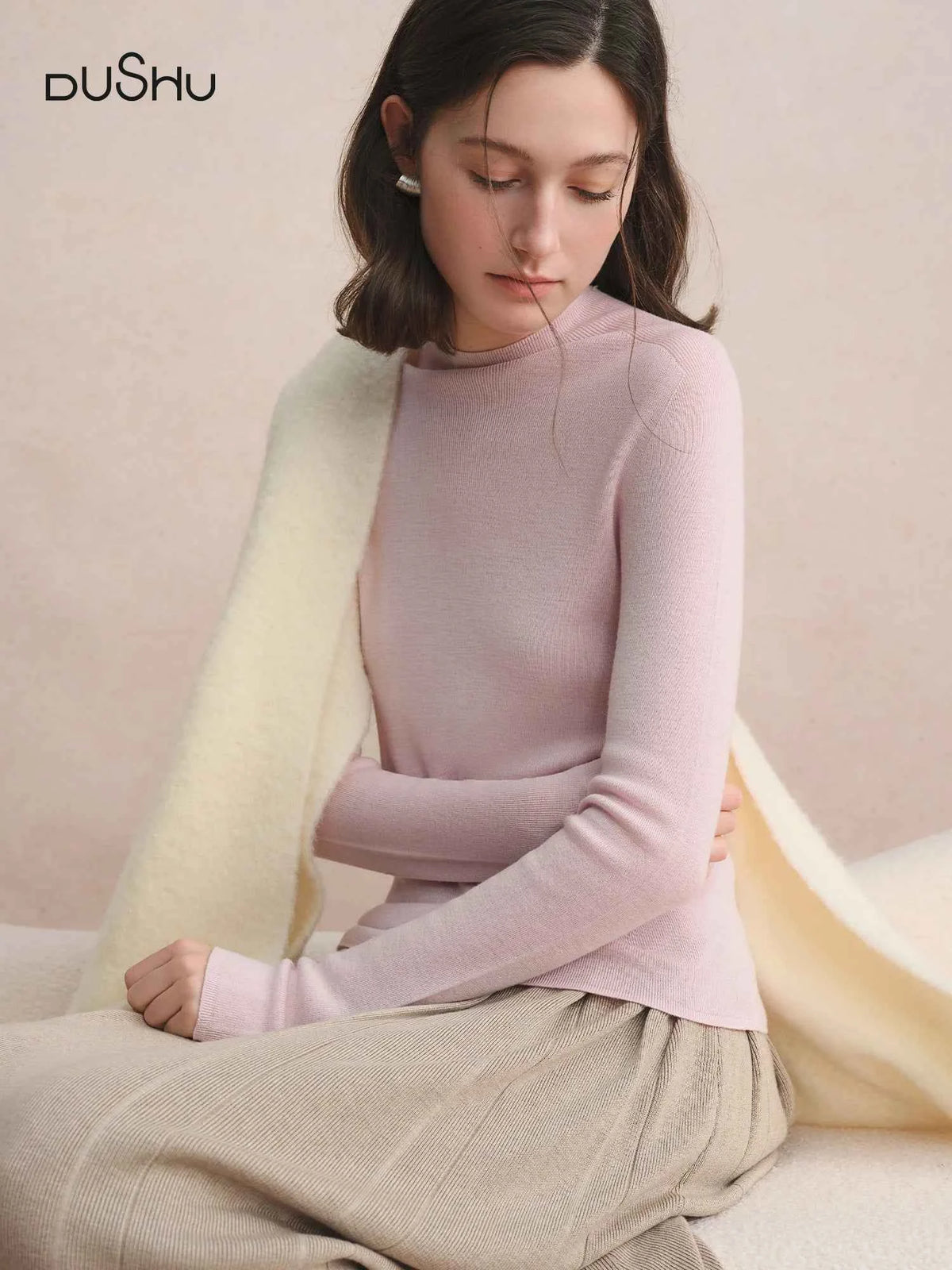 DUSHU Seamless Half-high Collar Pure Wool Pullovers Women Plus Size Autumn Winter Bottoming Sweater Solid Soft Breathable Tops