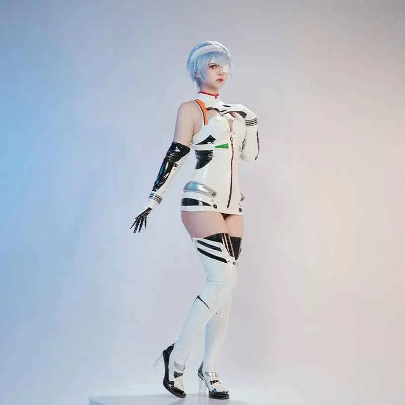 Ayanami Rei Cosplay Costume Ainme EVA Women's sexy white leather jumpsuit shoulder armor prop wig Halloween carnival uniform