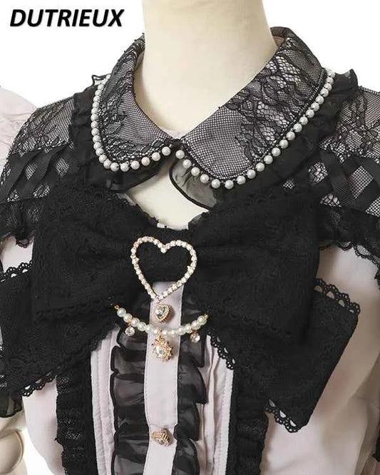 Japanese Mine Off-Shoulder Pearl Collar Cute Sweet Big Bow Shirt Skirt Outfit Women Summer New Lolita Short-Sleeved Shirt Skirts