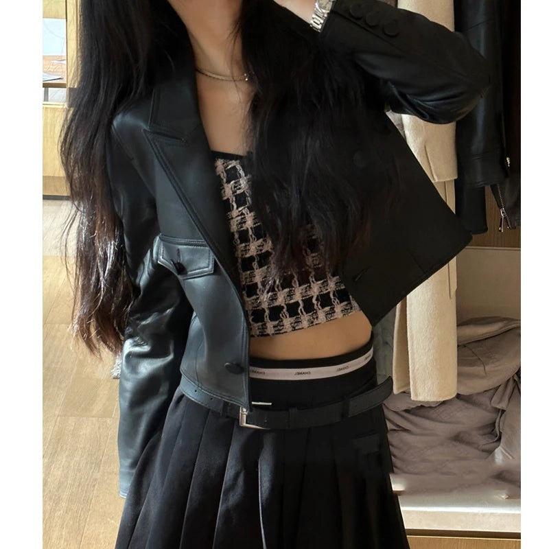 2024 New Short Genuine Leather Blazer Jackets for Women Fashion Pink Lapel Single Button Female Long Sleeve Sheepskin Jackets