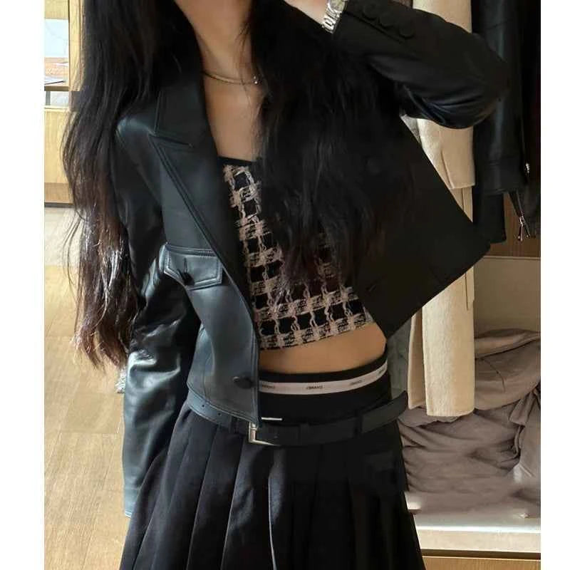 2024 New Short Genuine Leather Blazer Jackets for Women Fashion Pink Lapel Single Button Female Long Sleeve Sheepskin Jackets