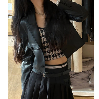 2024 New Short Genuine Leather Blazer Jackets for Women Fashion Pink Lapel Single Button Female Long Sleeve Sheepskin Jackets