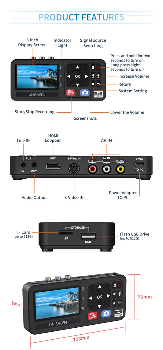 Unisheen UR230A VHS to Digital Video Converter with 3-Inch Screen and Remote