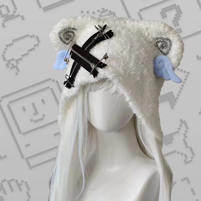 Autumn Winter Grunge Casual Warm Angel's Wings Hats Y2k Aesthetic Knitted Bears Ears Hat Kawaii Lolita Harajuku Caps Fashion SS69