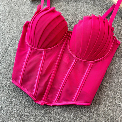 korean fashion mesh summer Fashion fishbone camis Corset  Slim Hotsweet Tank Top Women sweet crop top SS69