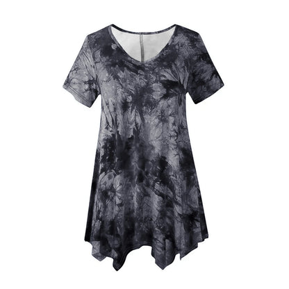 5XL Plus Size Woman Clothing Tie Dye Short Sleeve T-shirt Casual New Style V Neck Irregularity Tops Big Size Ladies Loose Tops - SS69 