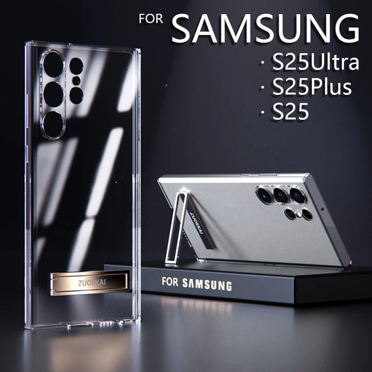 For Samsung Galaxy S25 S24 S23 S22 Ultra Transparent Kickstand Case with Bracket Standing Transverse Protective Clear Soft Cases SS69