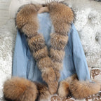 2026 MAOMAOKONG Winter Clothing Women's Denim Jacket Detachable Fox Fur Lining With Real Raccoon Fur Collar Jean Jacket Fur Coat