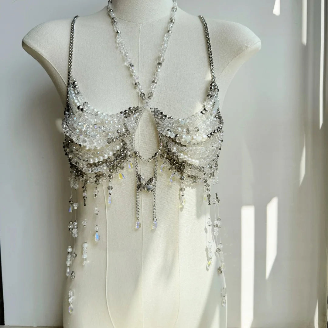 Ladies Body Chain Beading Camisole Vest Hollow Out Top Body Jewelry Exaggerated Pearl Neck Bustier Fashion Bra Women Club Rave SS69 36.69 transparent 1 / One Size