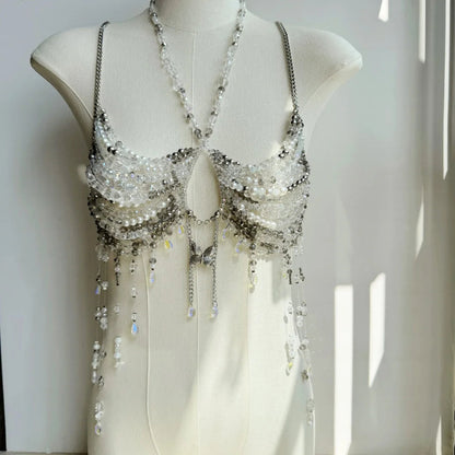 Ladies Body Chain Beading Camisole Vest Hollow Out Top Body Jewelry Exaggerated Pearl Neck Bustier Fashion Bra Women Club Rave SS69 36.69 transparent 1 / One Size